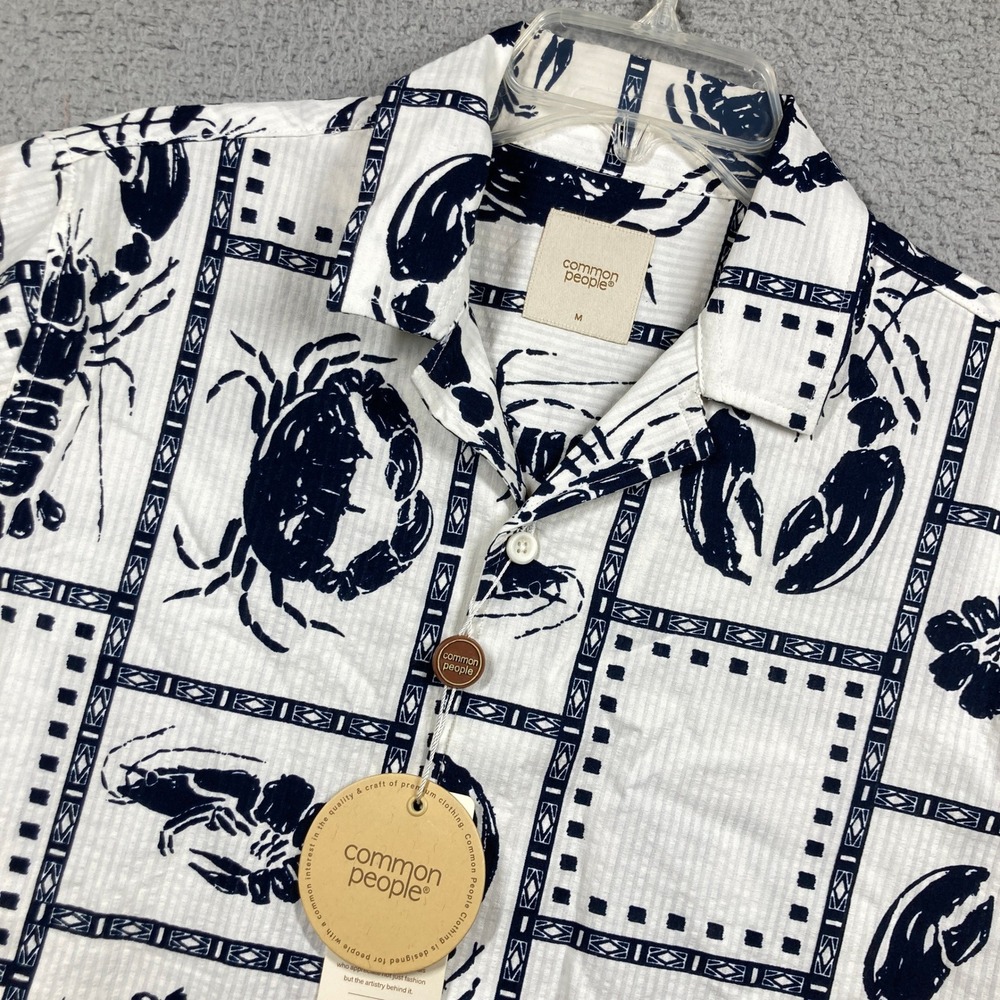 Common People Button Up Shirt Men M White Navy Lobster Crab Nautical Cotton